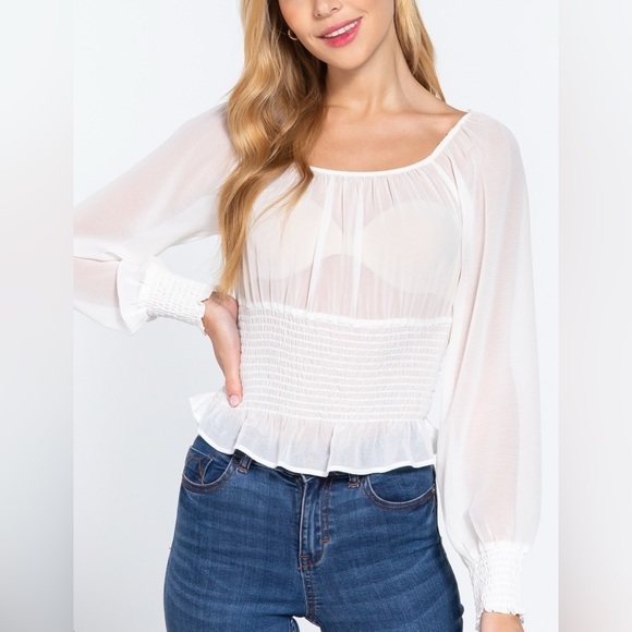 Tops - White Smocked Blouse - MEDIUM